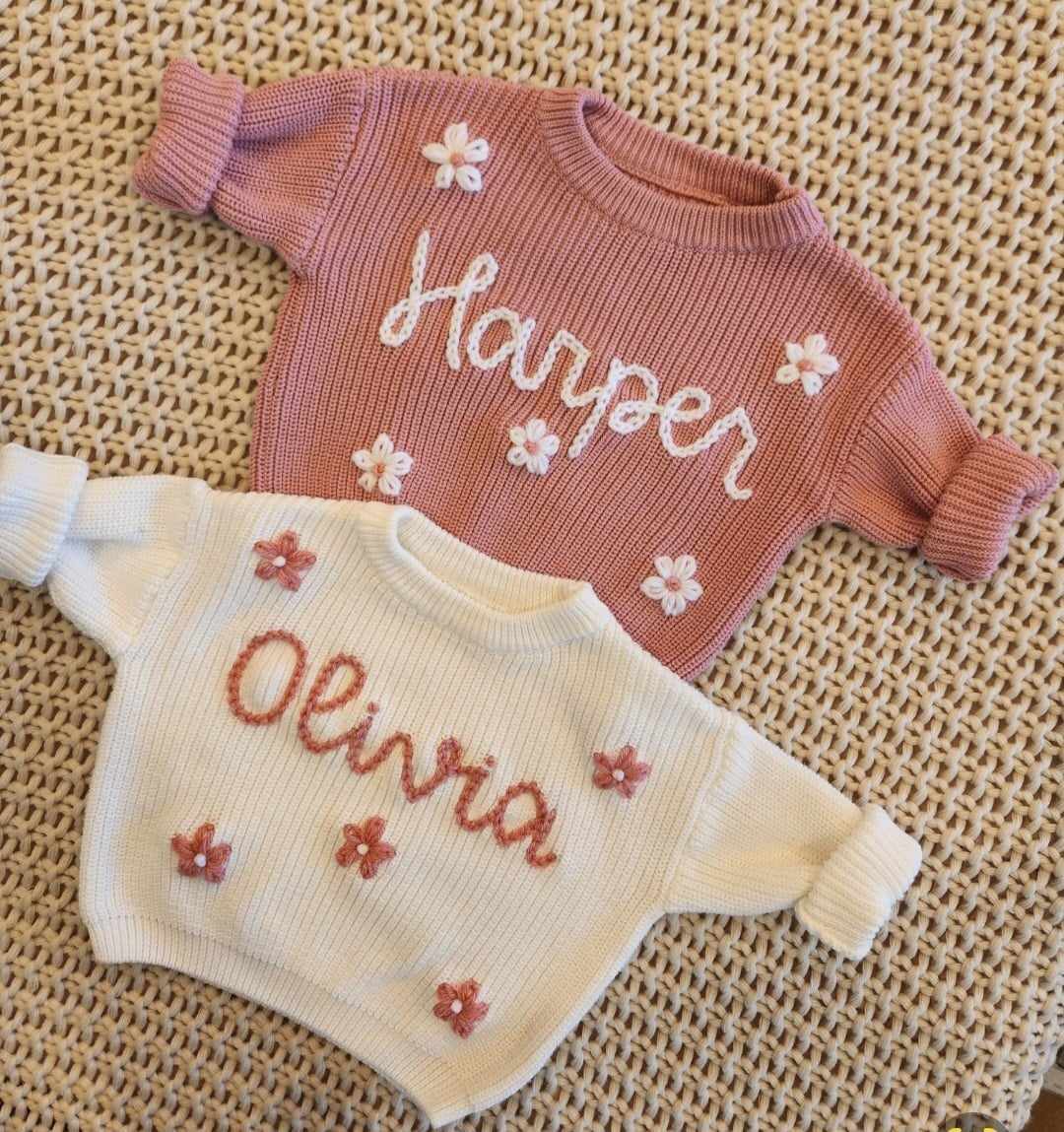 NEWBORN Hand Embroidered Sweater Set, Custom Name Baby Sweater & Shorts, Personalized Birth Announcement, Knit Sweater Baby Announcement