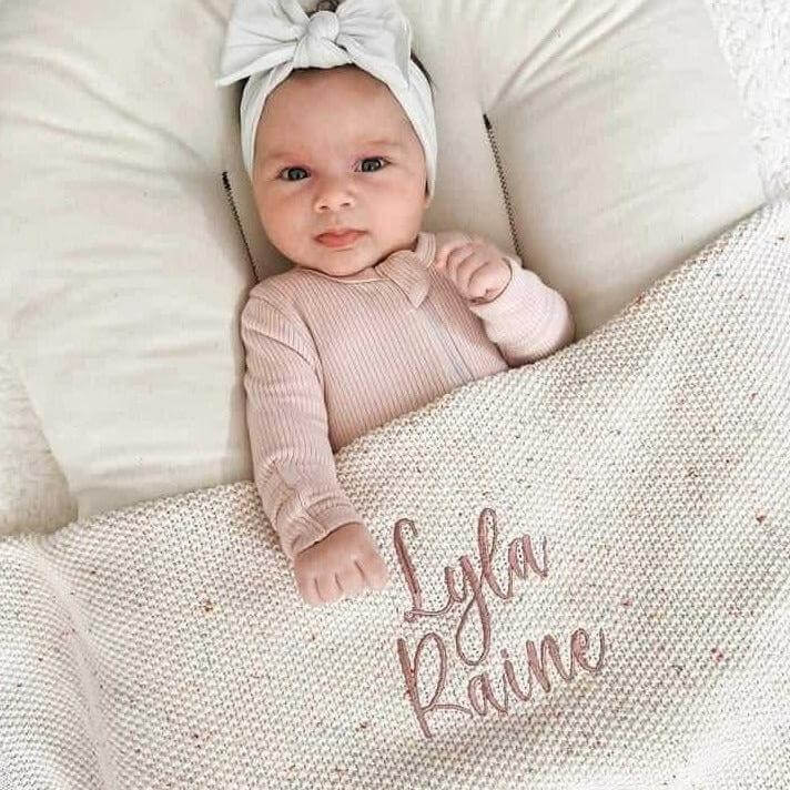 Knit hand embroidered baby blanket, new born blanket, birth announcement blanket, baby blanket with name, custom baby blanket