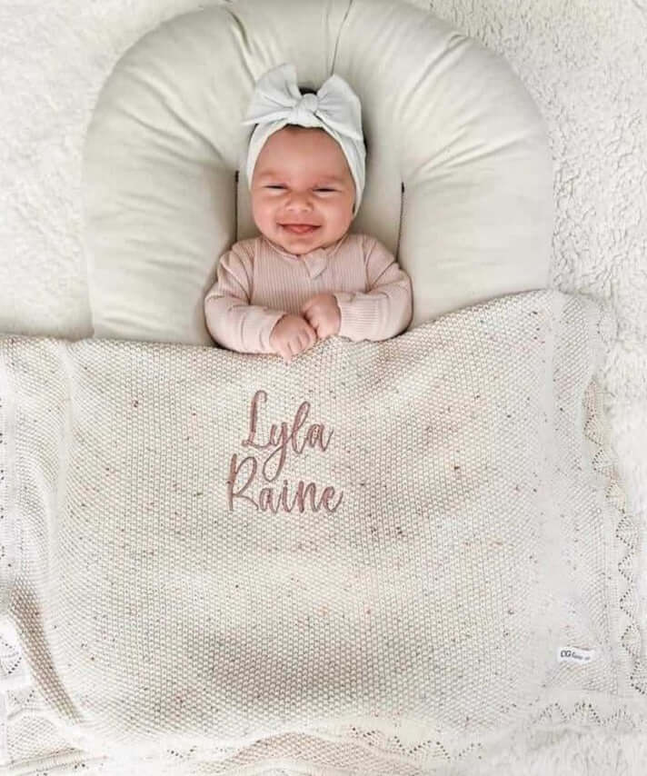 Knit hand embroidered baby blanket, new born blanket, birth announcement blanket, baby blanket with name, custom baby blanket