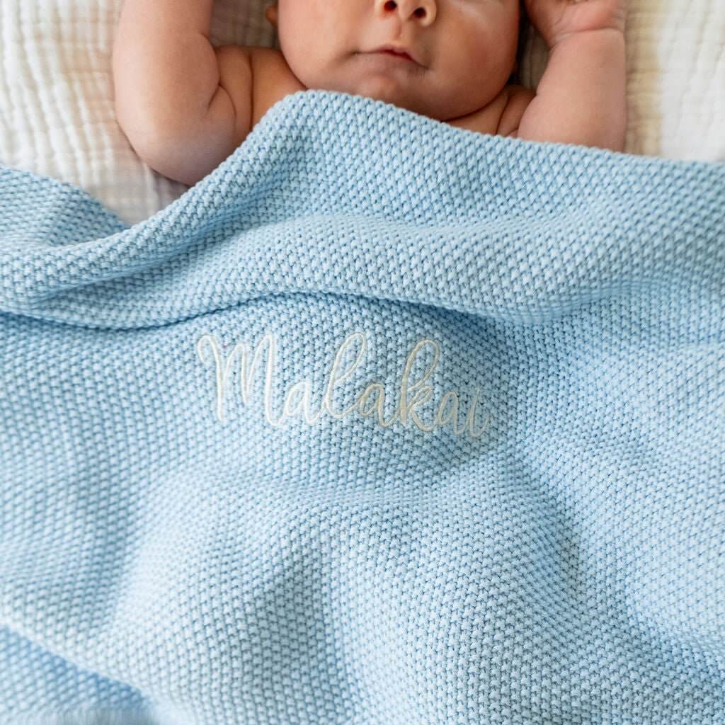 Knit hand embroidered baby blanket, new born blanket, birth announcement blanket, baby blanket with name, custom baby blanket