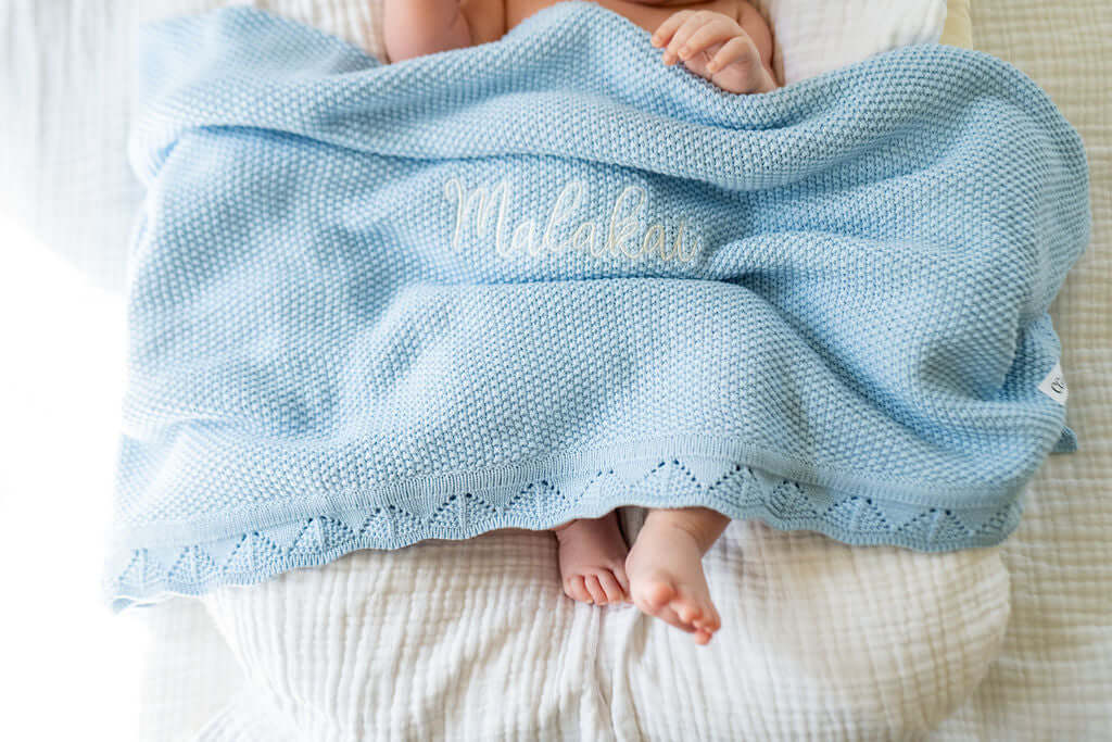 Knit hand embroidered baby blanket, new born blanket, birth announcement blanket, baby blanket with name, custom baby blanket
