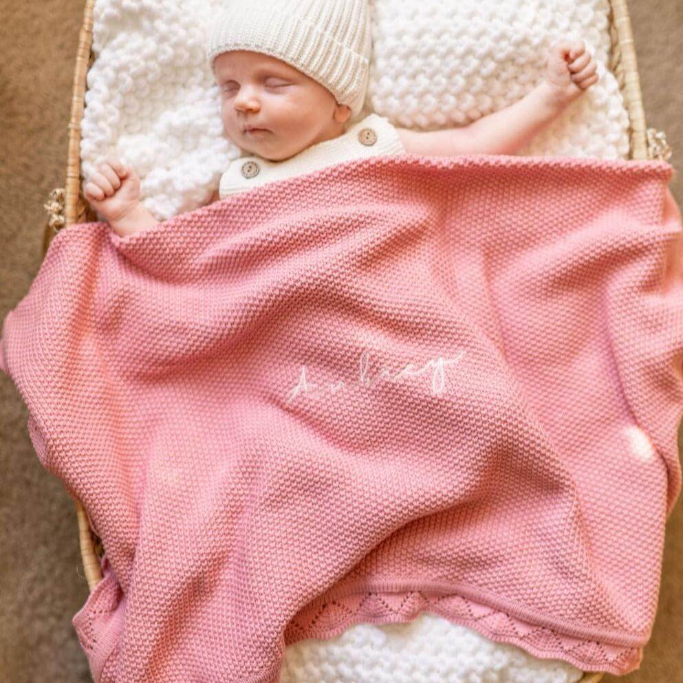 Knit hand embroidered baby blanket, new born blanket, birth announcement blanket, baby blanket with name, custom baby blanket