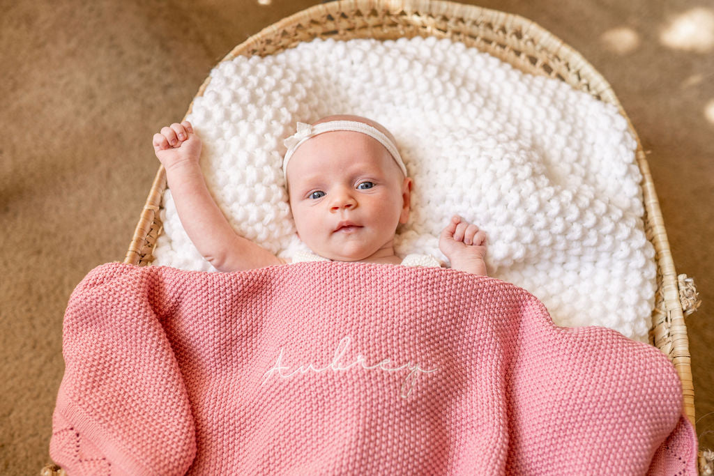 Knit hand embroidered baby blanket, new born blanket, birth announcement blanket, baby blanket with name, custom baby blanket
