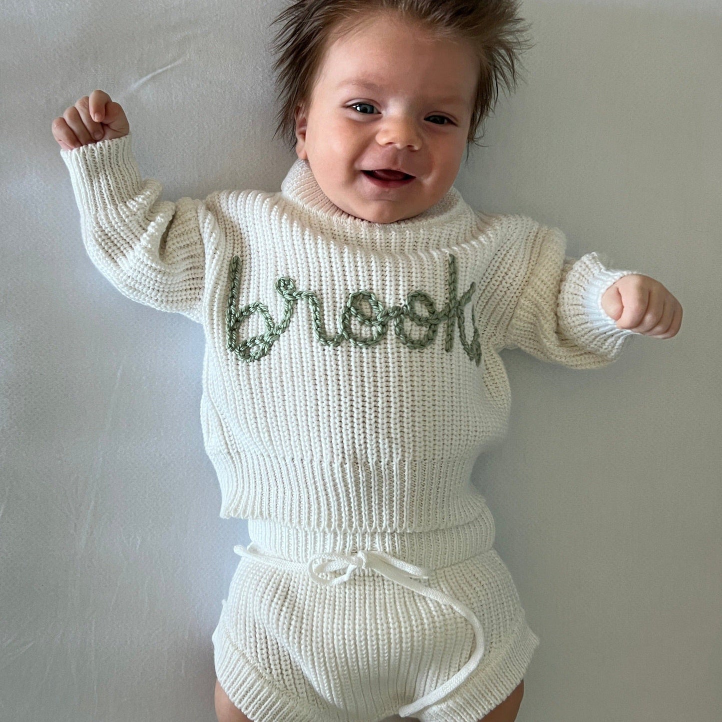Newborn Baby Sweater Set, Custom Name Baby Sweater & Shorts, Personalized Sweater, Hand Embroidered Birth Announcement Outfit- Marshmallow