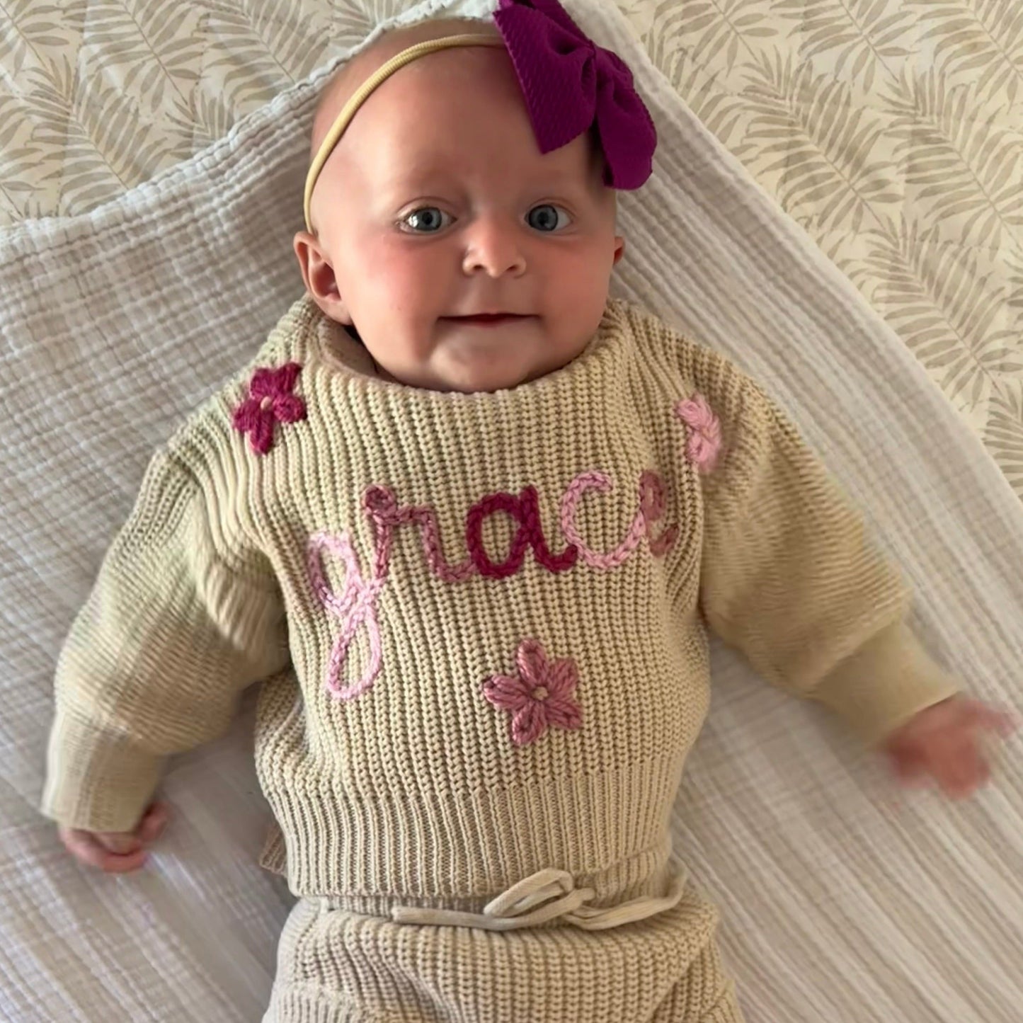 Newborn Baby Sweater Set, Custom Hand Embroidered Name Baby Sweater & Shorts, Personalized Sweater, Birth Announcement Outfit- Biscotti