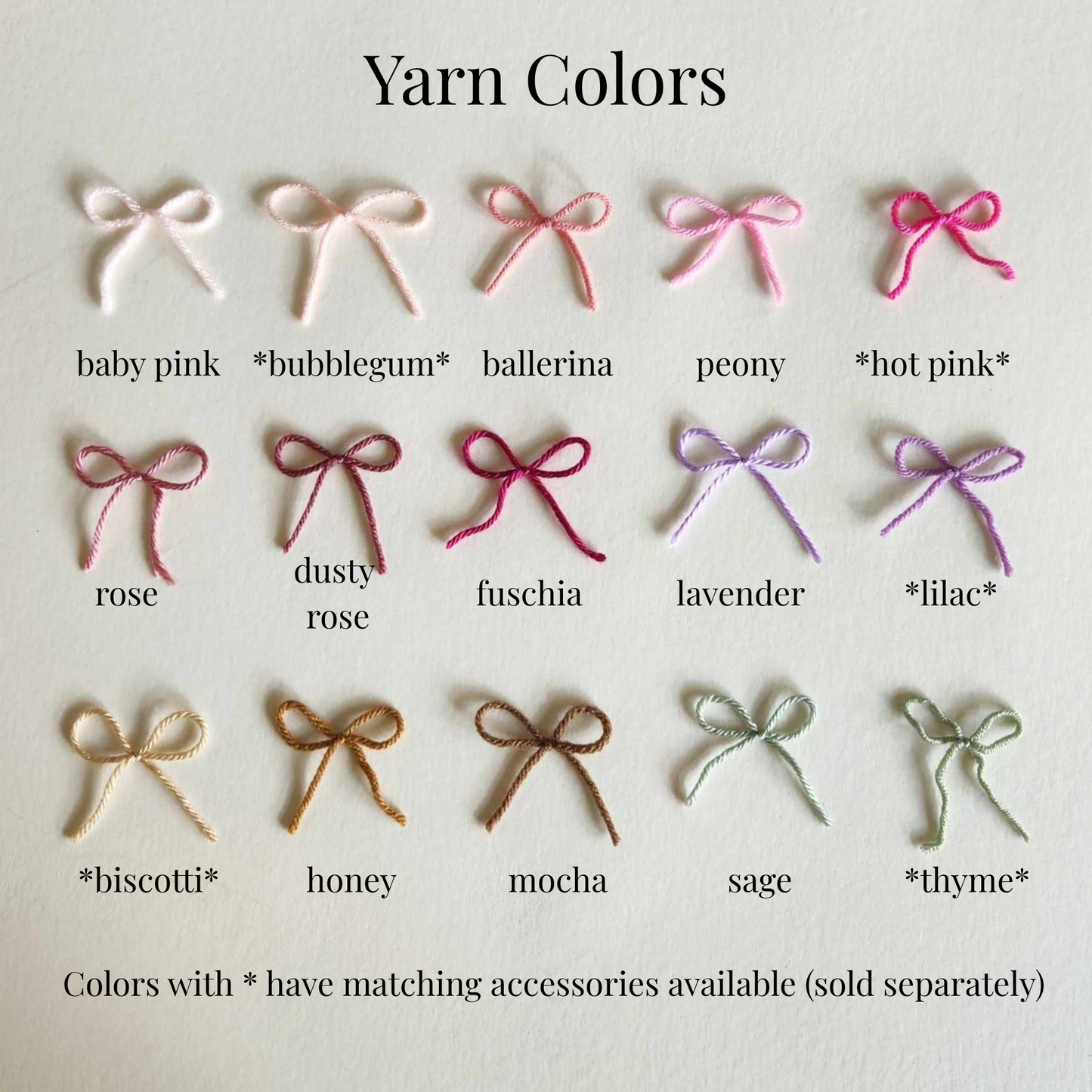 Yarn color chart with small bows labeled by color name on a light background