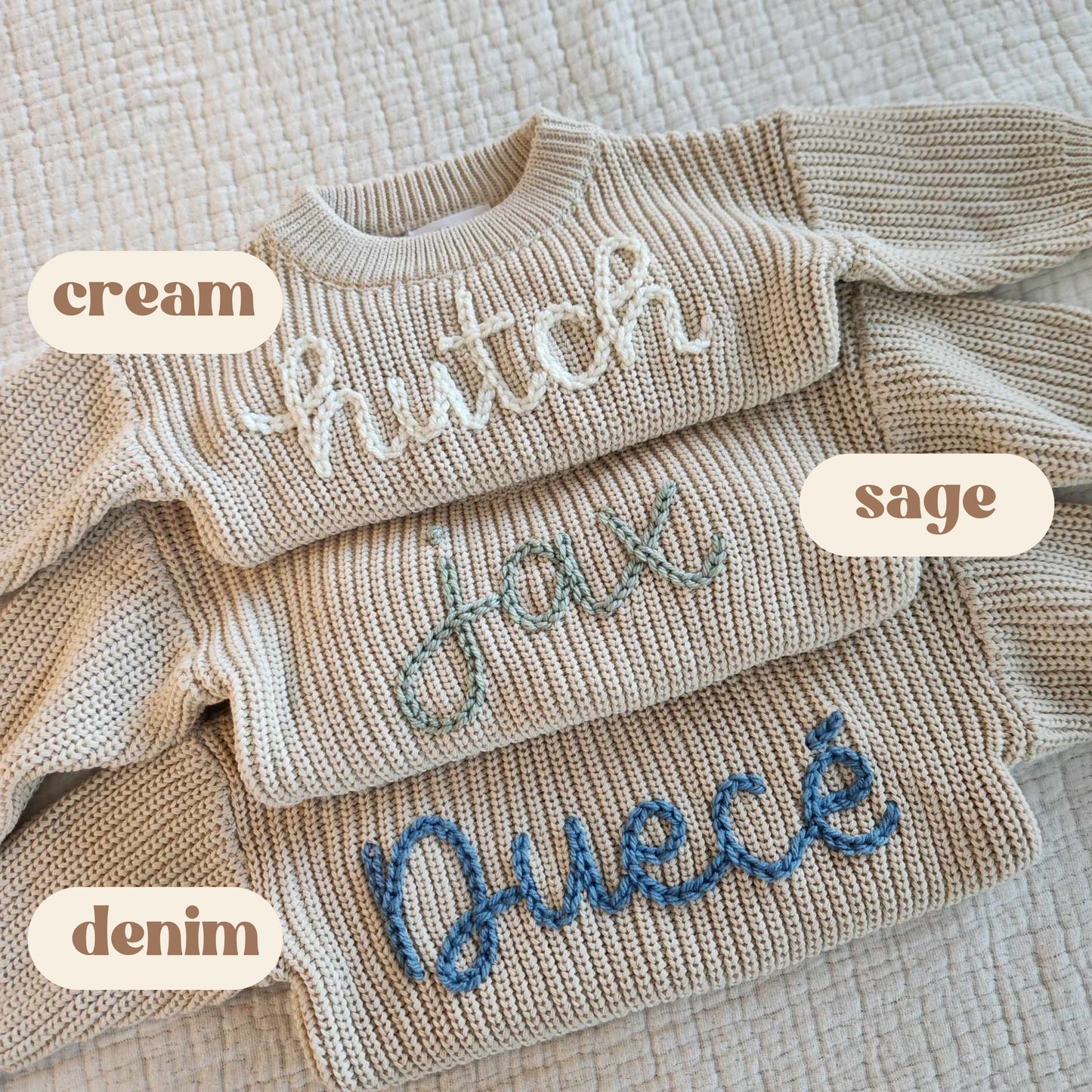 Newborn Baby Sweater Set, Custom Hand Embroidered Name Baby Sweater & Shorts, Personalized Sweater, Birth Announcement Outfit- Biscotti