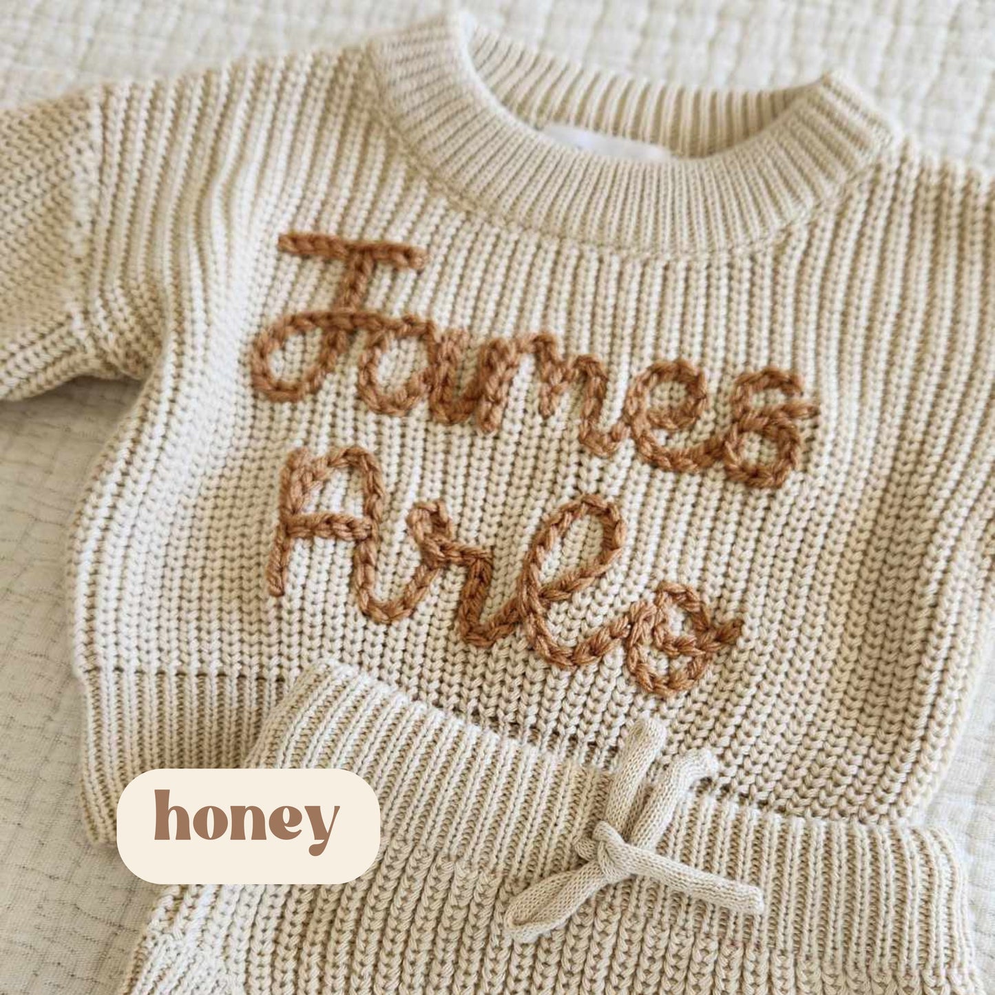 Newborn Baby Sweater Set, Custom Hand Embroidered Name Baby Sweater & Shorts, Personalized Sweater, Birth Announcement Outfit- Biscotti