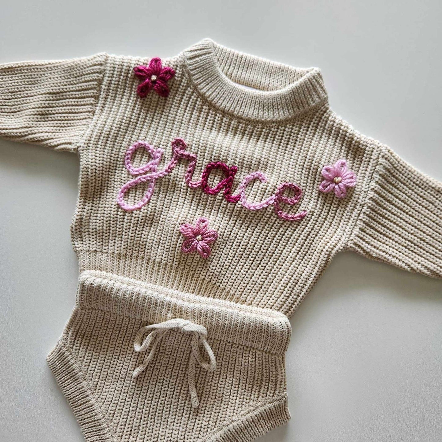 Newborn Baby Sweater Set, Custom Hand Embroidered Name Baby Sweater & Shorts, Personalized Sweater, Birth Announcement Outfit- Biscotti