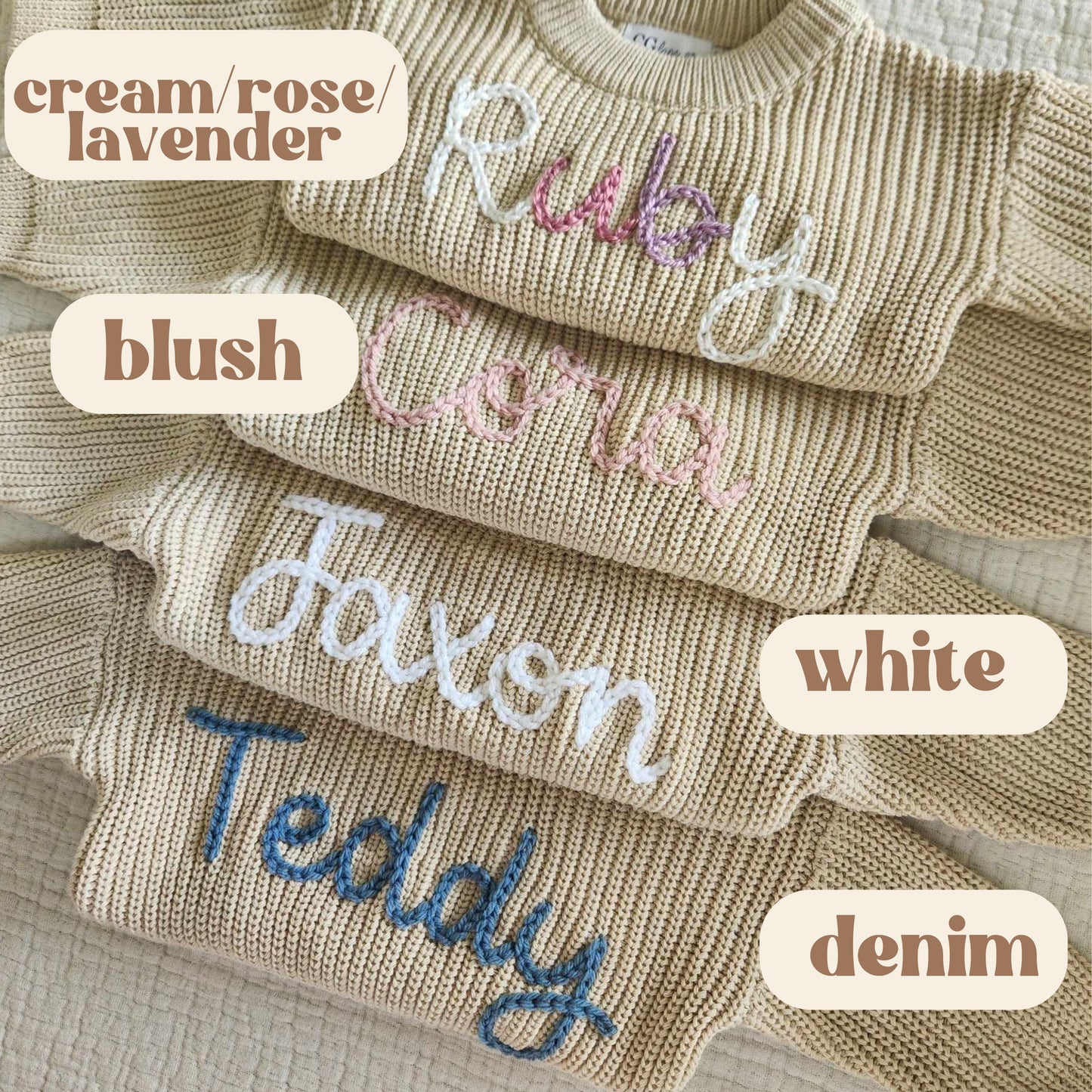 Newborn Baby Sweater Set, Custom Hand Embroidered Name Baby Sweater & Shorts, Personalized Sweater, Birth Announcement Outfit- Biscotti