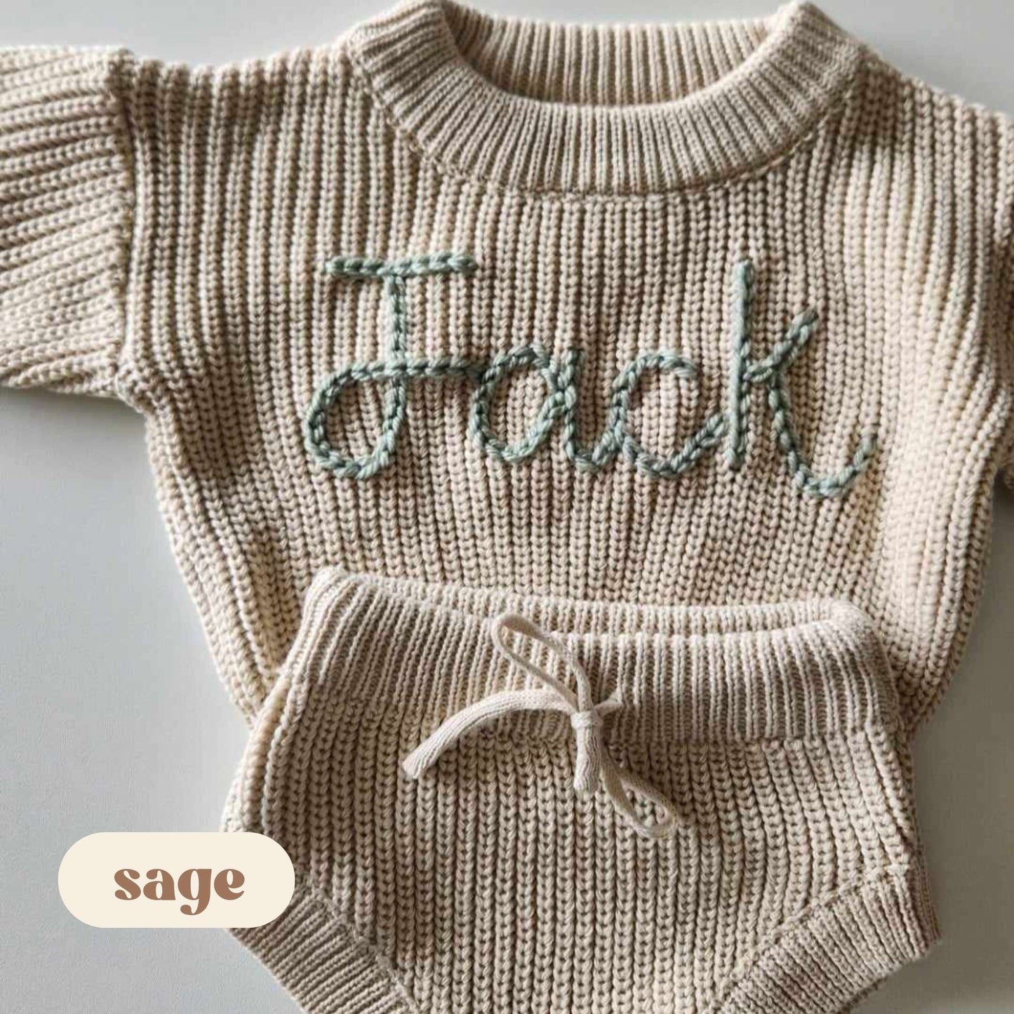 Newborn Baby Sweater Set, Custom Hand Embroidered Name Baby Sweater & Shorts, Personalized Sweater, Birth Announcement Outfit- Biscotti