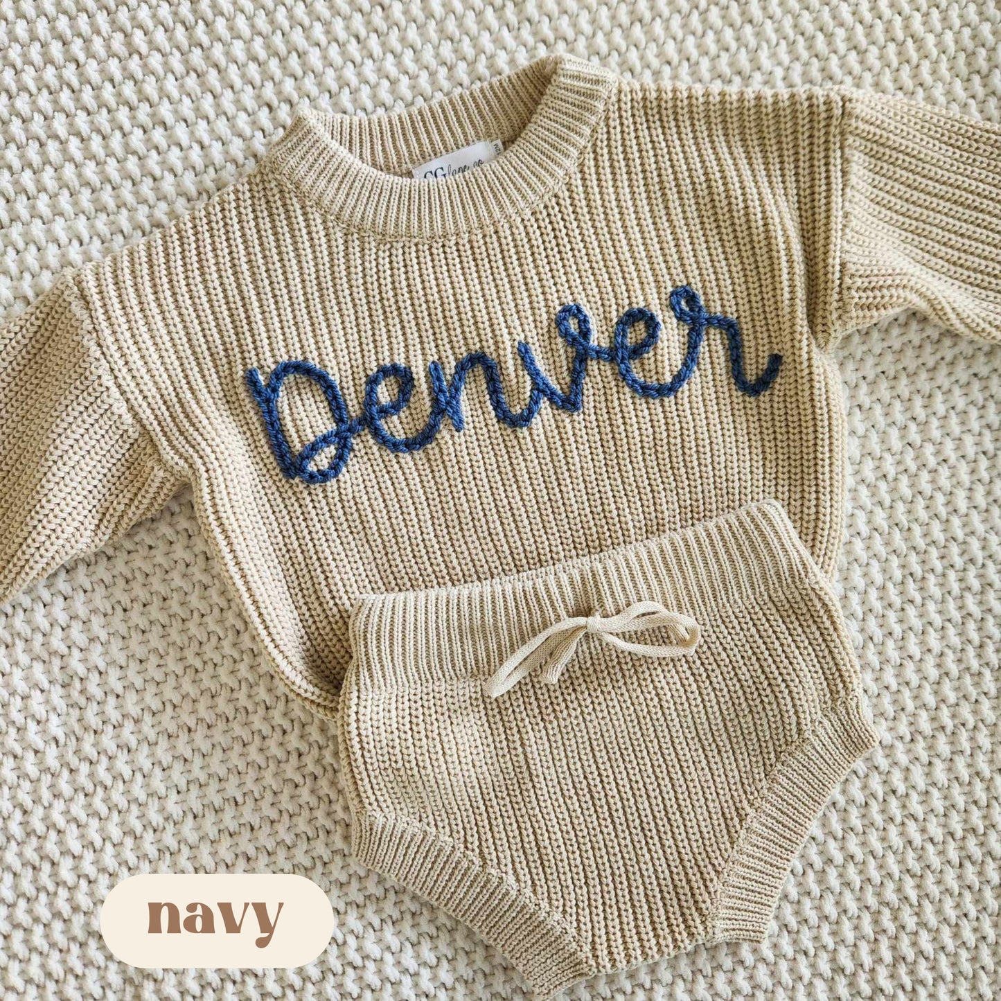 Newborn Baby Sweater Set, Custom Hand Embroidered Name Baby Sweater & Shorts, Personalized Sweater, Birth Announcement Outfit- Biscotti