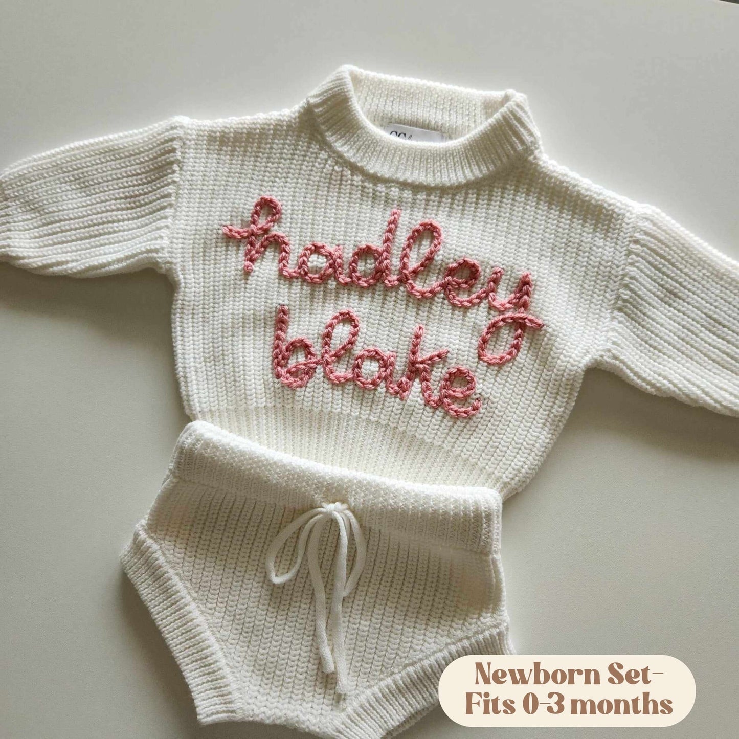 Newborn Baby Sweater Set, Custom Name Baby Sweater & Shorts, Personalized Sweater, Hand Embroidered Birth Announcement Outfit- Marshmallow