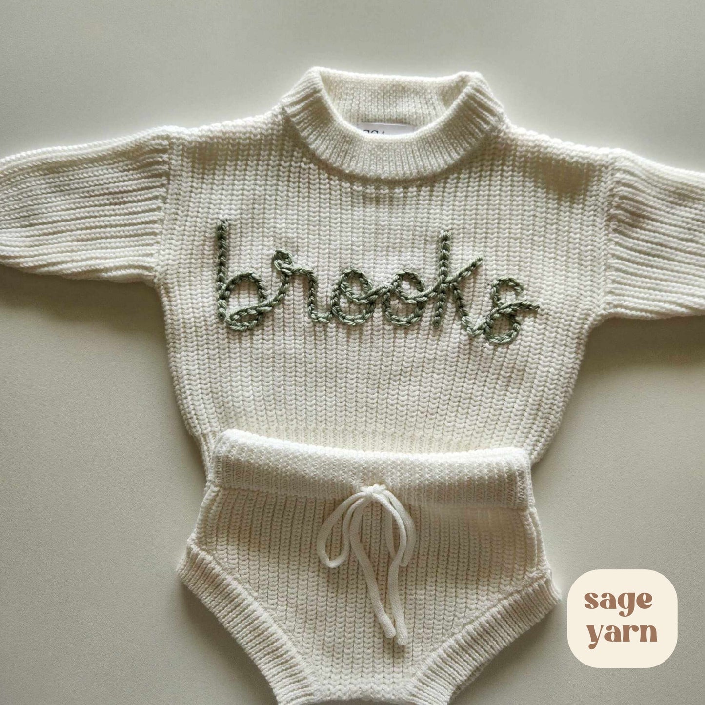 Newborn Baby Sweater Set, Custom Name Baby Sweater & Shorts, Personalized Sweater, Hand Embroidered Birth Announcement Outfit- Marshmallow
