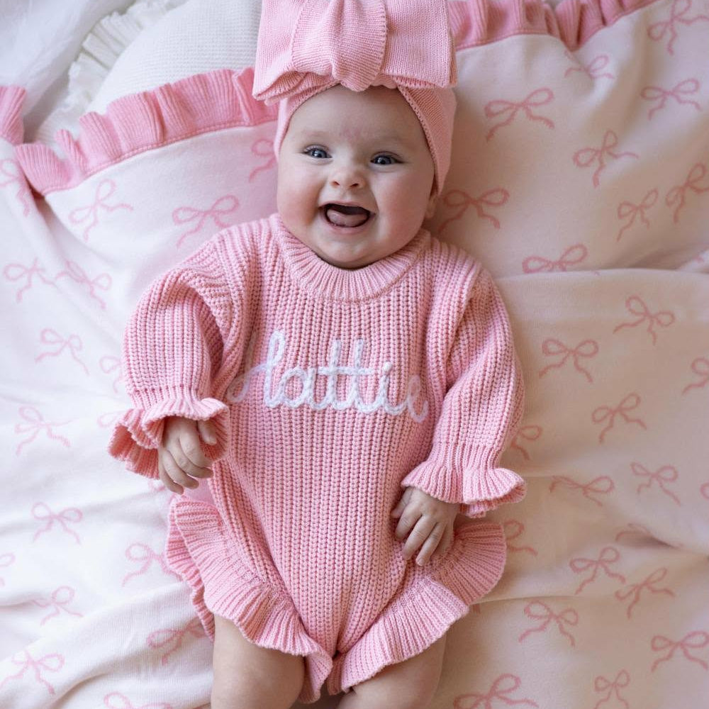 HAND EMBROIDERED RUFFLE ROMPER - BUBBLEGUM