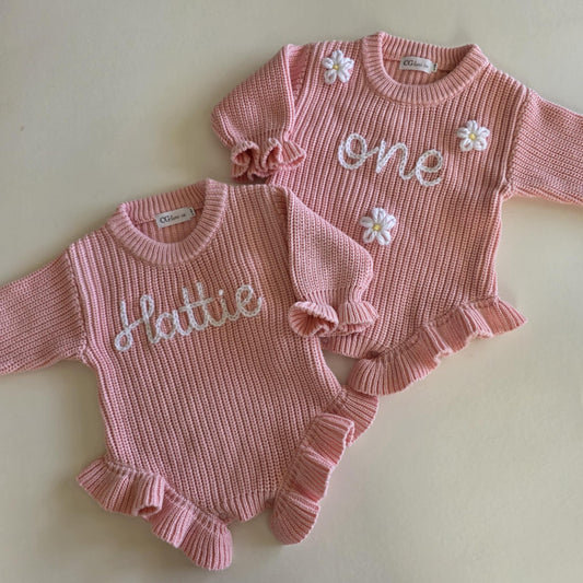 HAND EMBROIDERED RUFFLE ROMPER - BUBBLEGUM