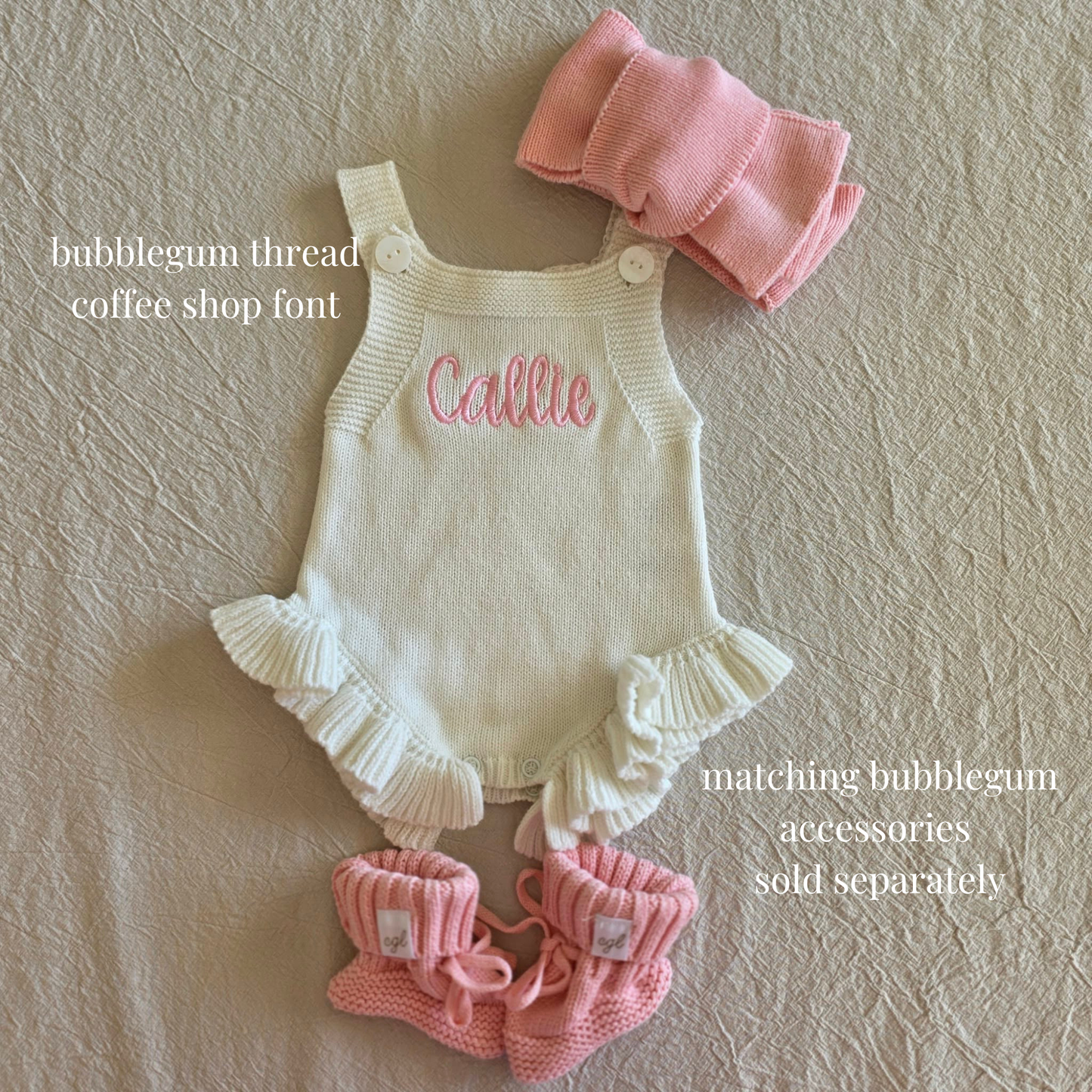 PERSONALIZED SLEEVELESS RUFFLE LEG KNIT ROMPER