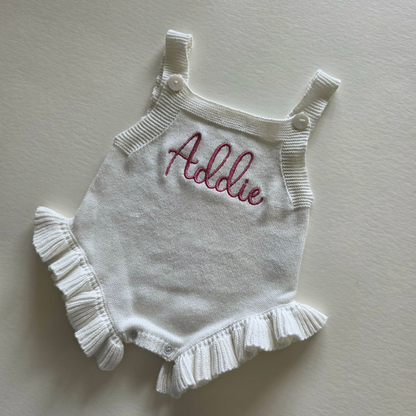 PERSONALIZED SLEEVELESS RUFFLE LEG KNIT ROMPER