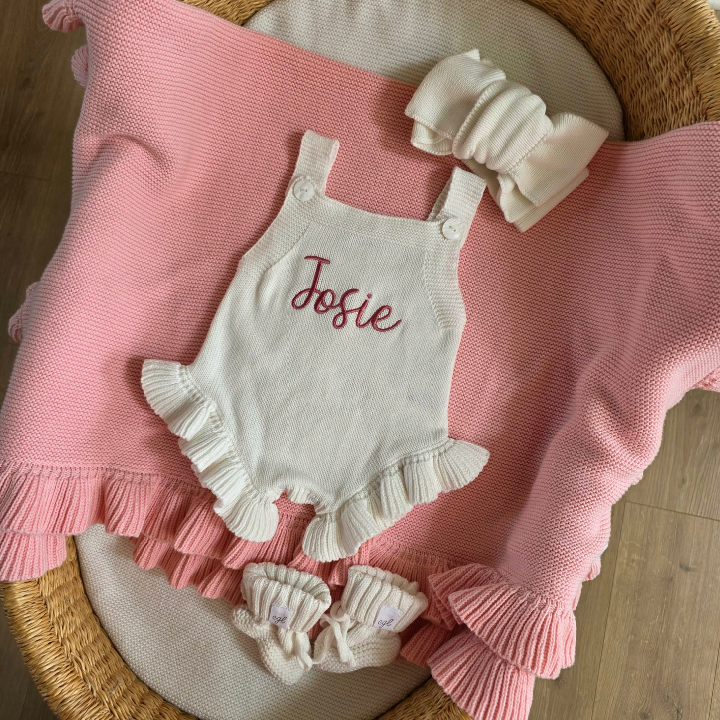 PERSONALIZED SLEEVELESS RUFFLE LEG KNIT ROMPER