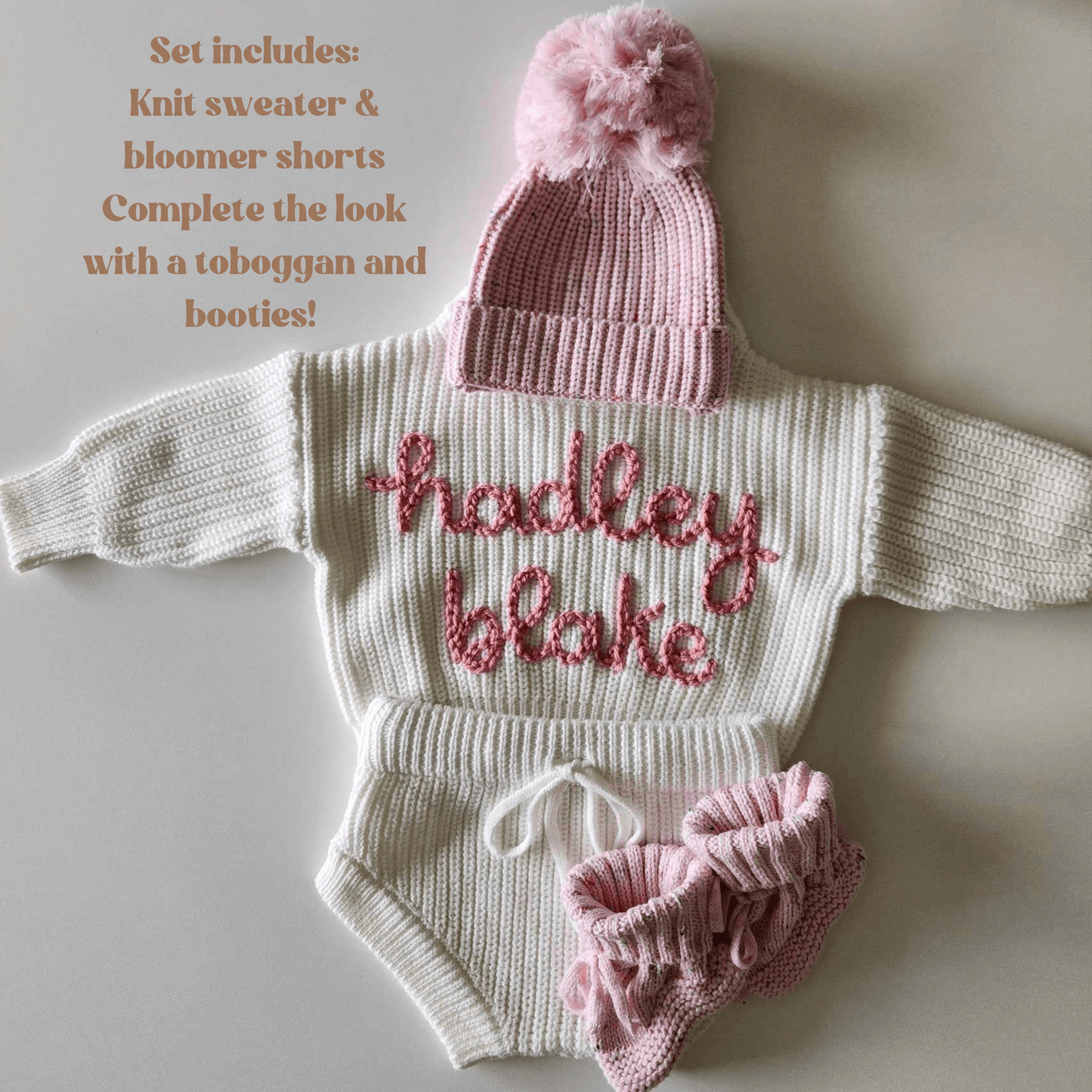 Newborn Baby Sweater Set, Custom Name Baby Sweater & Shorts, Personalized Sweater, Hand Embroidered Birth Announcement Outfit- Marshmallow