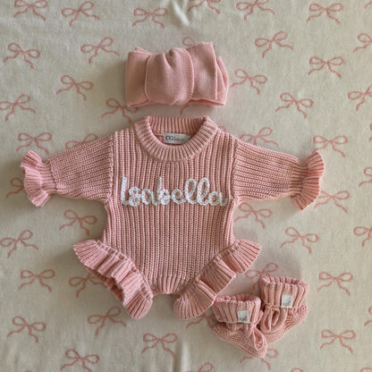 HAND EMBROIDERED RUFFLE ROMPER - BUBBLEGUM