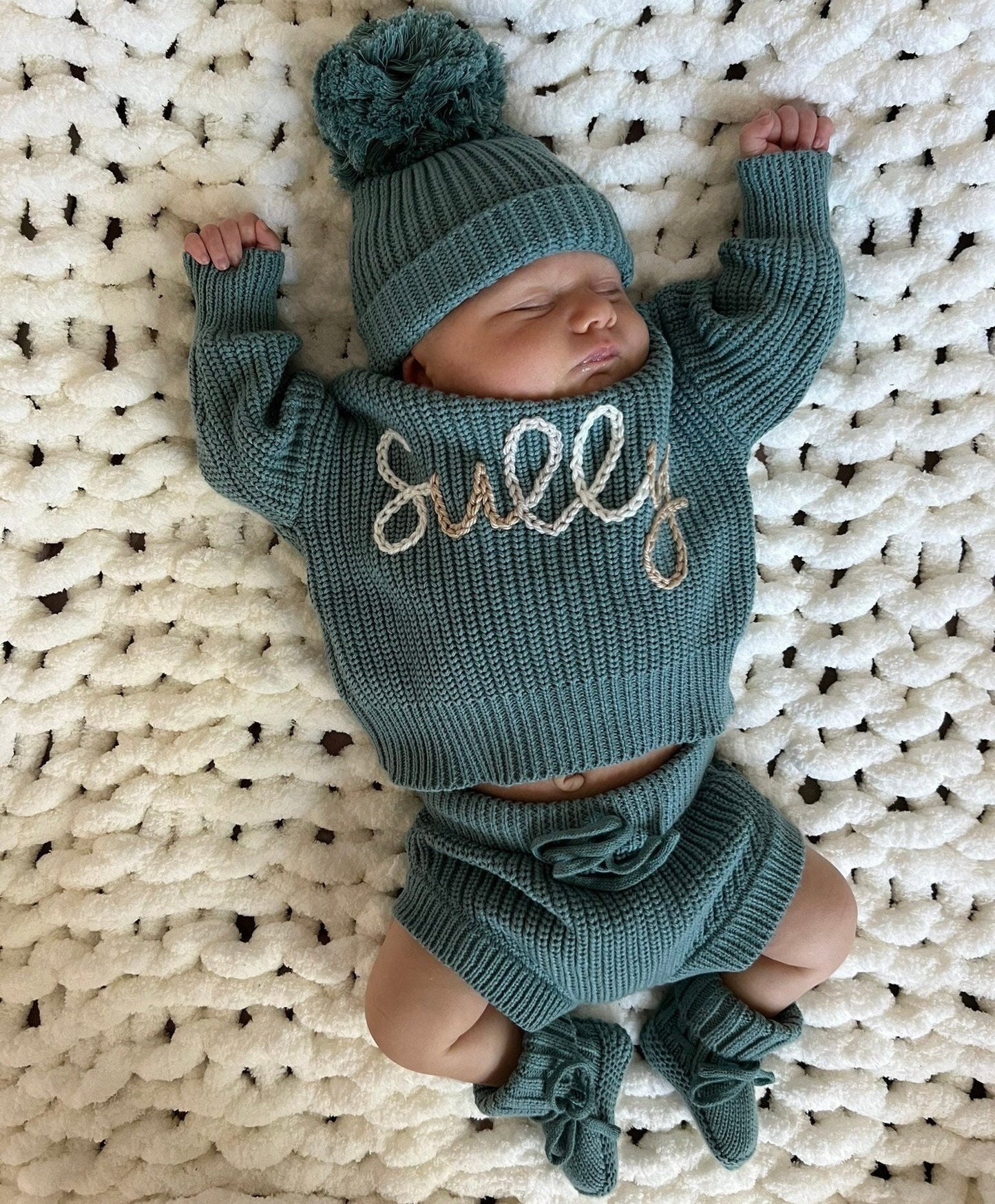 Newborn Baby Name Sweater Set, Custom Name Baby Sweater & Shorts, Personalized Sweater, Birth Announcement Outfit, Hand Embroidered- Lake